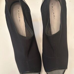Black Peep Toe Nylon /  4” Leather Heels